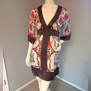 Vintage Bebe Silk V-neck Dress - Asian Themed - Kimono Sleeves Tie-waisted